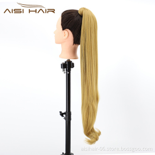 Aisi Hair Vendor Long Straight Curly Wave End Magic Paste Blonde Ponytail Hair Drawstring Synthetic Ponytail Hair Extension